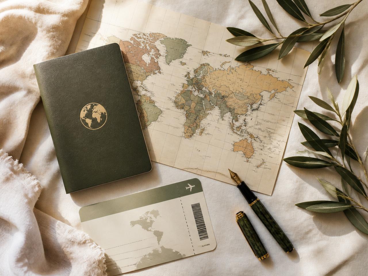 Flatlay of passport, world map and boarding pass