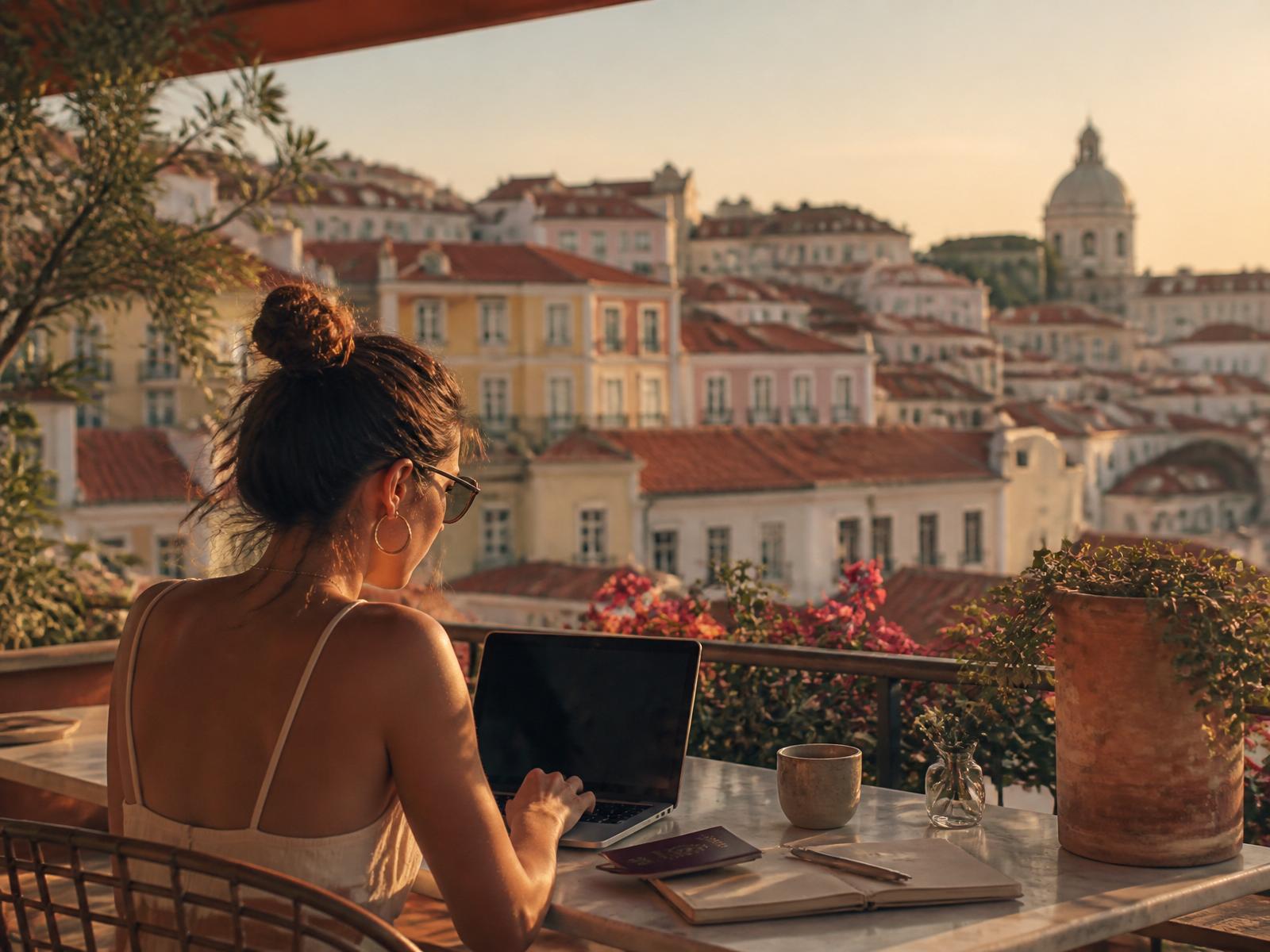 Digital nomad working from a café balcony overlooking Lisbon rooftops at golden hour
